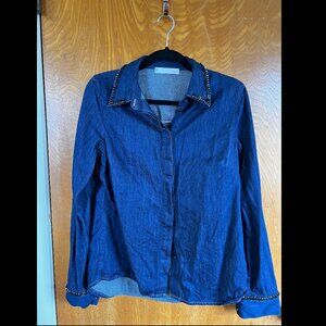 Denim Button-Down Shirt with Embroidered Stones (Italian Brand)